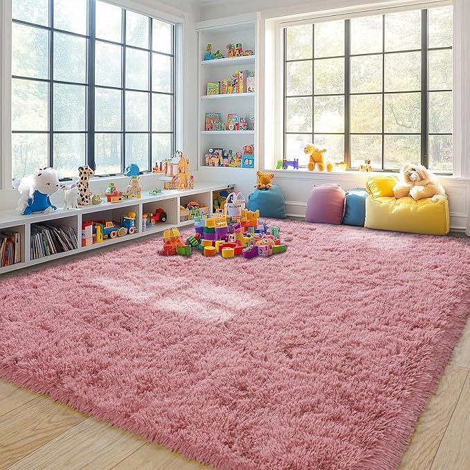 Pionblank 8x10 Rug for Living Room, Fuzzy Plush Large Area Rug, Fluffy Modern Shag Non Slip Soft Furry Carpet for Bedroom Kids Room Nursery Teens Dorm Home Decor, Blush