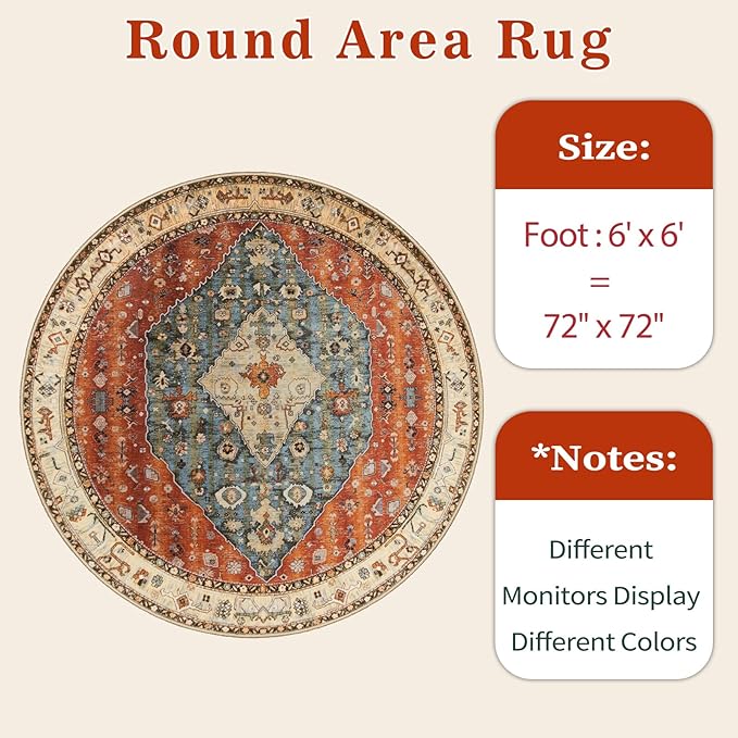 SERISSA Boho Round Area Rug, 6ft Washable Non-Slip Circle Rug, Ultra Soft Oriental Vintage Tribal Low-Pile Circular Carpet for Bedroom Entryway Kids Room Office College Dorm Living Room