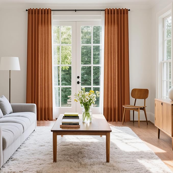 Desert Orange Semi Sheer Curtains 120 Inches Set Back Tab Loop Pocket Linen Blend Boho Curtain Extra Long Light Filtering Drapes High Ceiling Curtain Living Room Dinner Room 52x120,2 Panels