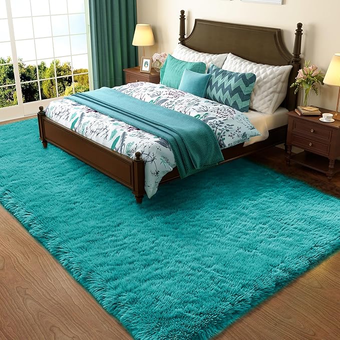 Ophanie Teal Rugs for Bedroom Living Room, Fluffy Fuzzy Furry Carpet, Plush Soft Shaggy Bedside Indoor Floor 4x6 Area Rug for Kids Girls Boys Baby Teen Dorm Nursery Home Decor Aesthetic