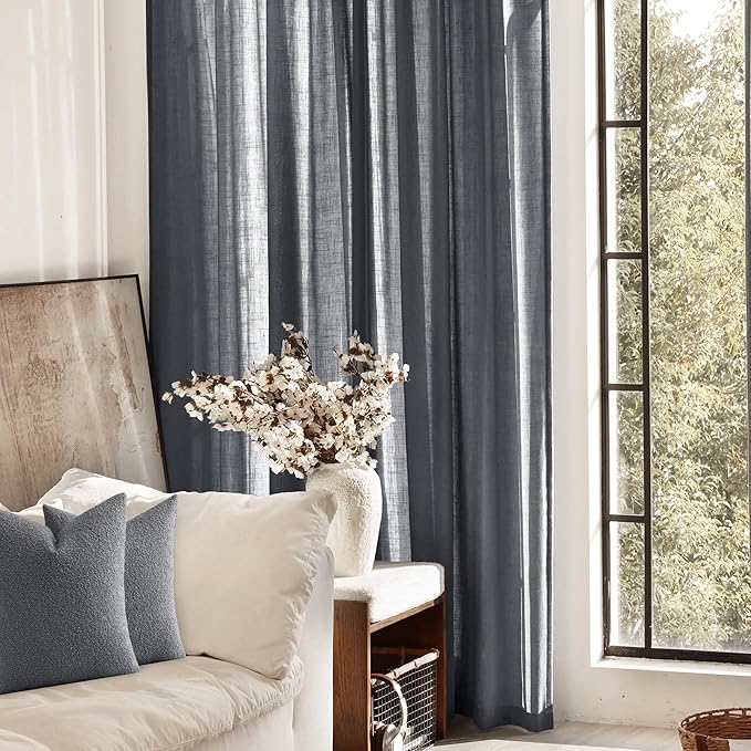 Dark Gray Curtains for Living Room Back Tab Modern Farmhouse Semi Sheer Gray Curtains 102 inches Long 2 Panels Set Muted Neutral Window Curtain for Dining Room Bedroom 52x102