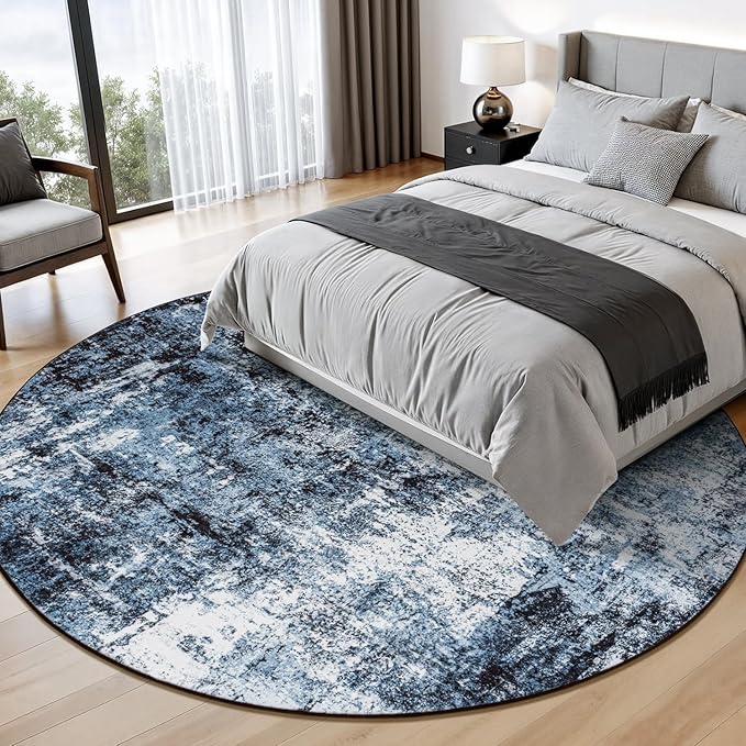 Rugflix Round Area Rugs 8Ft for Living Room, 8x8 Washable Rug Stain-Resistant Low Pile, Modern Dark Carpet for Dining Room Home Office Kid Room Nursery Bedroom, Navy Blue/Black