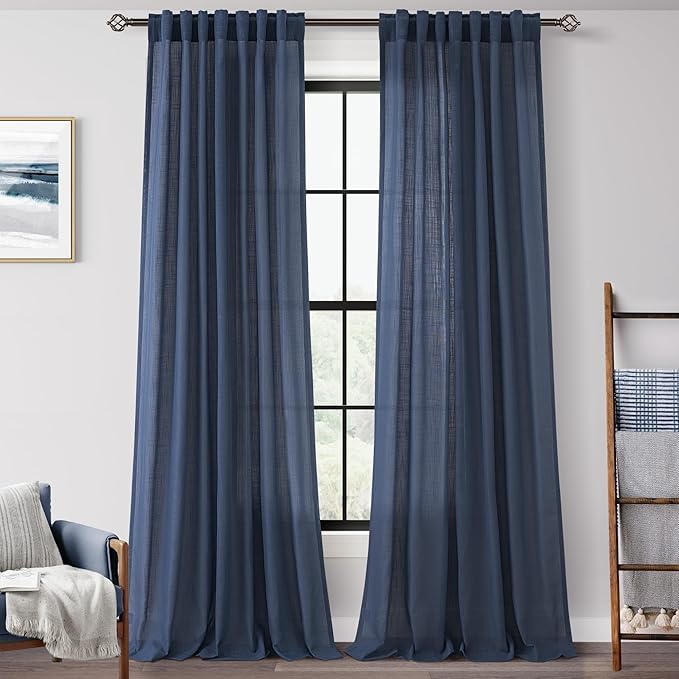 Navy Blue Curtains 94 inch Length for Bedroom Back Tab Light Filtering Semi Sheer Blue Living Room Curtains Linen Cotton Textured Indigo Blue Drapery Panel Modern Farmhouse Aesthetic Decor Dark Blue