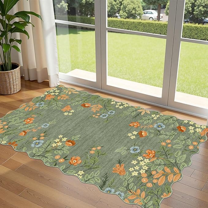 Sage Green Floral Entry Rug - 3x5 Ft Washable Indoor Outdoor Mats for Front Door Non-Slip Porch Rug Non-Slip Boho Throw Rugs for Living Room Bedroom Entryway Kitchen Office Porch Decor