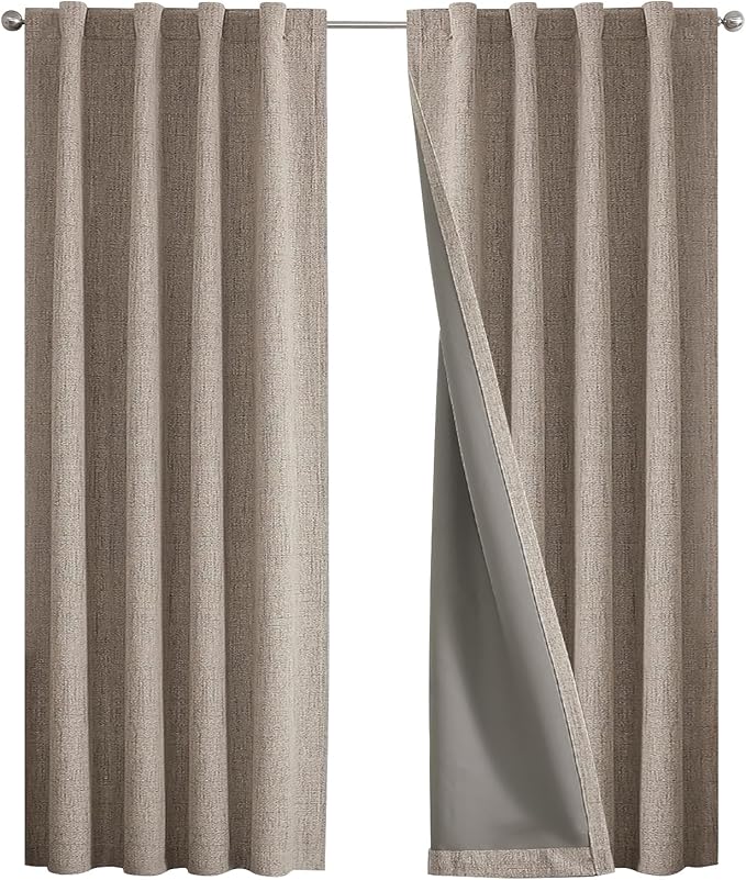 Joydeco 100% Blackout Curtains for Bedroom - Natural Linen Curtains 42" Wx 63" L Long, Thermal Insulated 2 Panels Linen Light Blocking Drapes, Rod Pocket & Back Tabs for Living Room