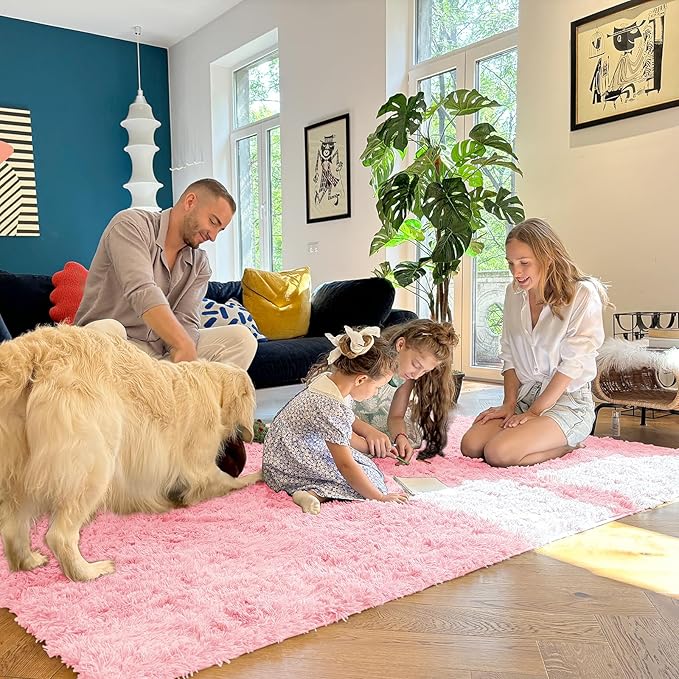 OLANLY 9x12 Machine Washable Large Area Rugs for Living Room, Bedroom, Soft Fluffy Shaggy Bedside Rug, Indoor Floor Carpet for Kids Girls and Boys, Dorms, Nursery, Home Decor Aesthetic, Pink