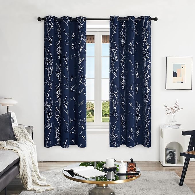 Deconovo Blackout Curtains, Navy Blue Curtain, Thermal Insulated Soundproof Drapes, Branch Silver Print, 42 x 72 Inch Long, Machine Washable Grommet Panels for Bedroom Living Room Office, Set of 2