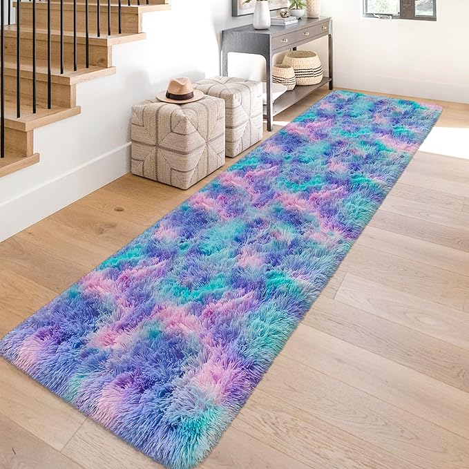 Super Soft Fluffy Living Room Area Rug 2x10 ft Purple Rainbow Tie-Dyed Shaggy Furry Carpet Washable Non-Slip Carpets Bedroom Bedside Nursery Rug Cute Colorful Room Decor for Girls