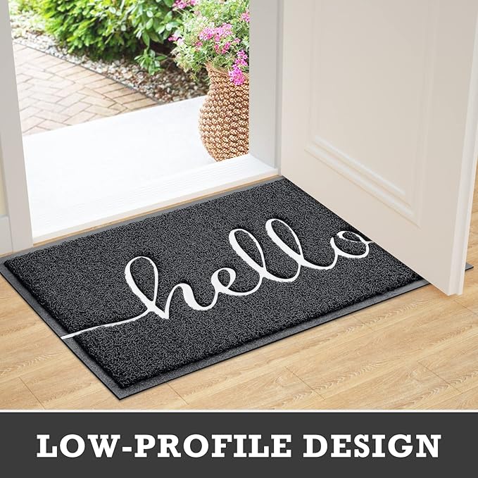 CozyBounty Door Mat Hello Mats Outdoor Indoor Non-Slip Doormat for Entryway Low-Profile Floor Mat for Yard, Garage, High Traffic Areas (32"x20", Black)