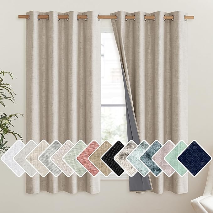 NICETOWN Oatmeal Linen Complete Blackout Curtains 48 inches for Kids Room, 2 Panels, Thermal Insulated & Noise Reducing Window Draperies with Grey Liner, Noise Reducing Short Drapes