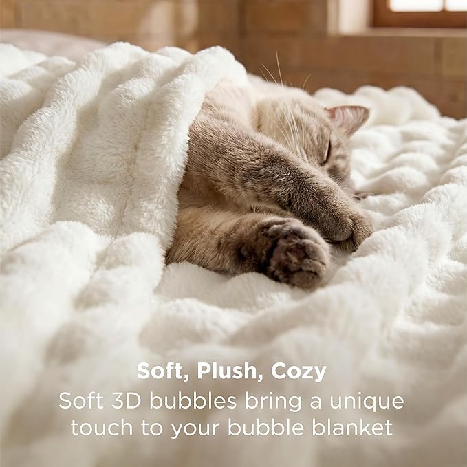 Bedsure 3D Fleece Bubble Blanket - GentleSoft White Queen Blanket for Bed Sofa Room Decor - Luxury Soft Cozy Spring Gifts for Kids, Lightweight, All Seasons, Off White, 90"×90"