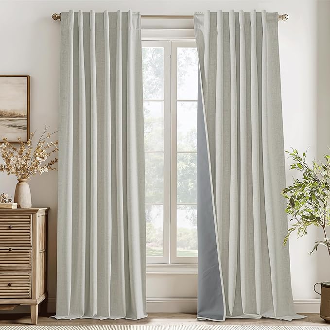 RYB HOME 100% Blackout Cream Curtains, Linen Texture Thermal Insulated Drapes for Bedroom/Living Room/Office/Nuesery, Privacy Farmhouse Full Blackout Window Treatment, W52xL108 Inch Long, 2 Panels