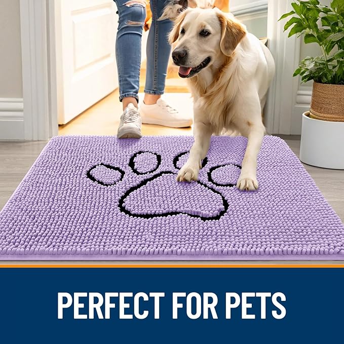 OLANLY Dog Door Mat for Muddy Paws 30x20, Paw Print Design, Absorbs Moisture and Dirt, Absorbent Non-Slip Washable Doormat, Quick Dry Chenille Mud Mat for Dogs, Entry Indoor Entryway Carpet, Lavender