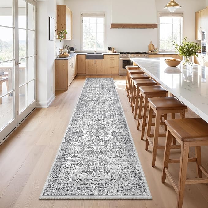 Hallway Washable Runner Rug 2x10 - Non Slip Vintage Kitchen Runner Rugs for Entryway Low-Pile Waterproof Long Runners for Living Room Bedroom Medallion Indoor Floor Mat for Bathroom Laundry Grey