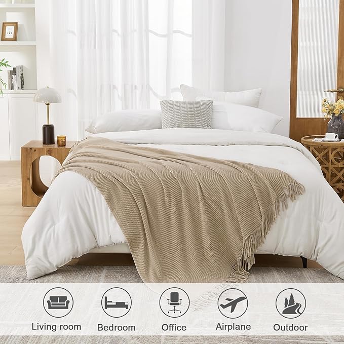 lifein Throw Blanket for Couch, Soft Boho Decor Bed Throw,Cozy Beige Knitted Chenille Small Farmhouse Lightweight Throw(Beige,50 * 60")