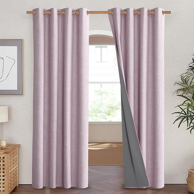 NICETOWN Pink Vintage Linen 100% Blackout Curtains for Living Room, Thermal Insulated Curtains 90" Long, Noise Reducing Window Treatment Drapes for Home Cinema, 52" Wide Per Panel, Set of 2
