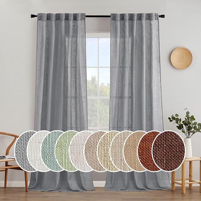 MIULEE Grey Linen Curtains 108 Inches Long for Bedroom Living Room, Soft Thick Linen Textured Window Drapes Gray Semi Sheer Light Filtering Rod Pocket Back Tab Burlap Look Farmhouse Decor, 2 Panels