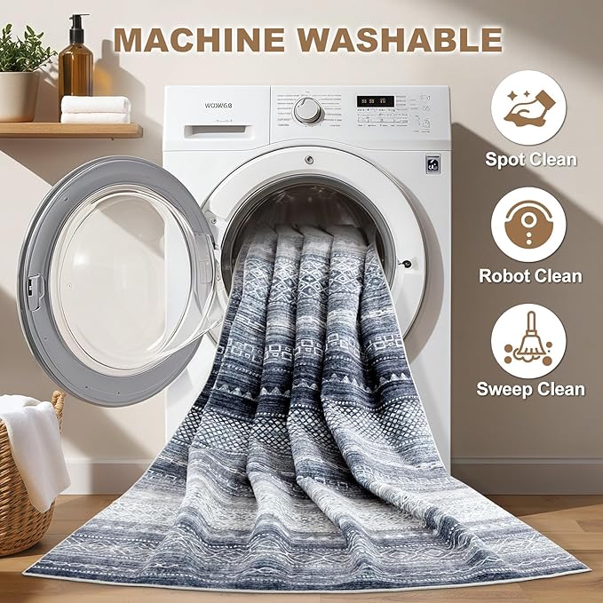 Nakagishi Area Rugs 9x12 Living Room Rug: Washable Boho Large Neutral Modern Soft Stain Resistant Indoor Floor Non-Slip Moroccan Accent Carpet for Bedroom Nursery Kid Playroom Office Dining Room- Blue