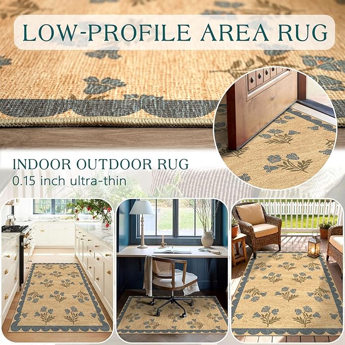 3x5 Floral Entry Rug - Small Washable Indoor Outdoor Mats for Front Door Non-Slip Jute-Look Porch Rug Boho Blue Scalloped Throw Rugs for Living Room Bedroom Entryway Kitchen Office Porch Decor