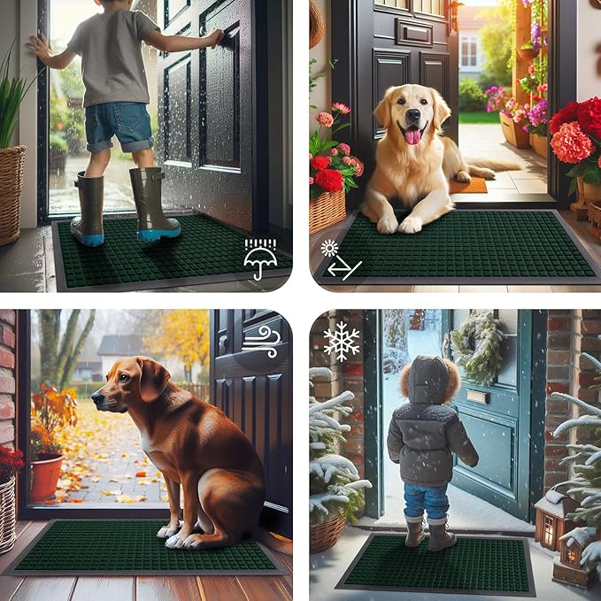 Smiry Front Door Mat Outside Entrance, Heavy Duty Natural Rubber Doormat, Non Slip, Trap Dirt and Moisture, Easy Clean, Low Profile Welcome Floor Mats for Indoor Outdoor Entry, 47x32 Inch, Black Green