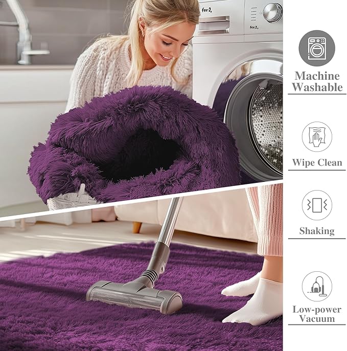 OLANLY Area Rugs for Living Room Bedroom, Machine Washable 4x5.9 ft Soft Fluffy Shaggy Bedside Rug, Indoor Floor Carpet for Kids Girls and Boys, Dorms, Nursery Rooms, Home Decor Aesthetic, Dark Purple