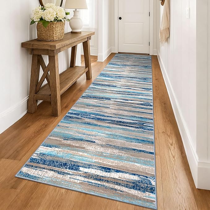 Lansny Modern Abstract Runner Rug 3x14, Blue Washable Long Kitchen Runner Non-Slip Soft Hallway Rug Runner Ultra Thin Print Faux Wool Carpet for Entryway Bedroom Laundry Room Indoor Home Decor