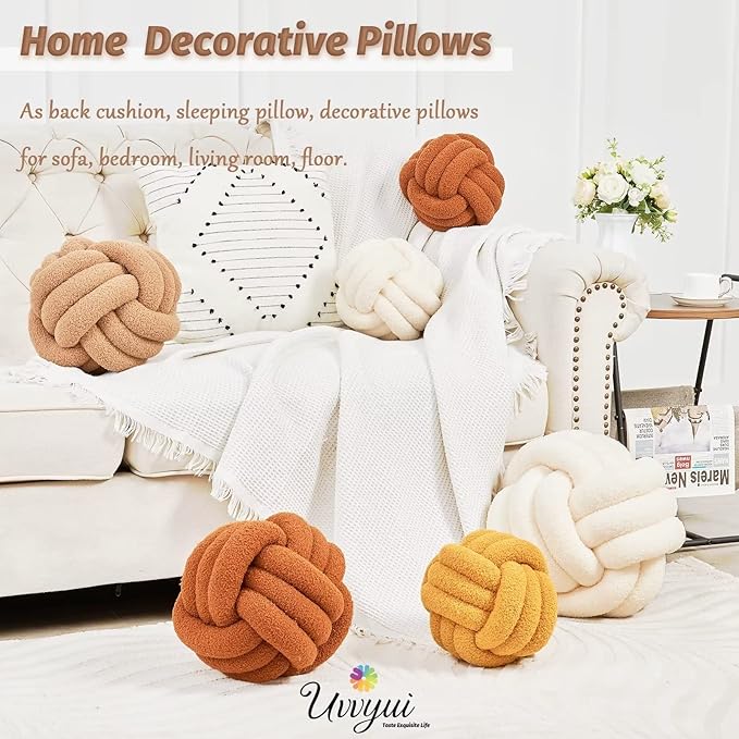 Uvvyui Knot Pillow Ball, Soft Home Decorative Pillows, Round Throw Pillow, Handmade Knotted Plush Pillow, Round Boucle Pillow Cushion (8.6 Inches Khaki)