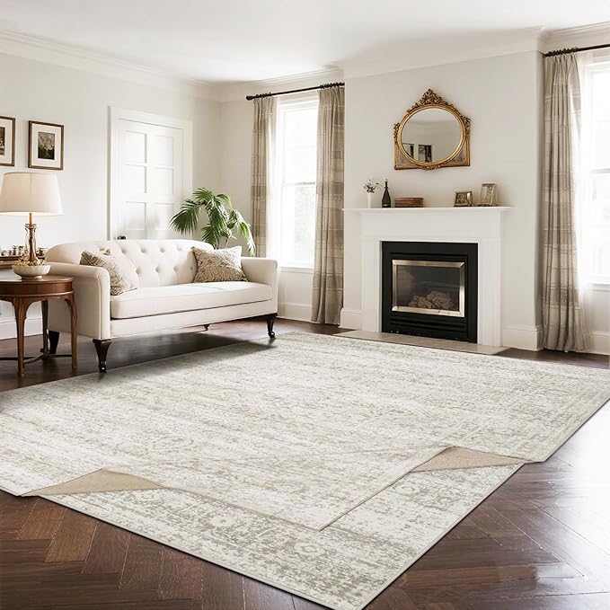Double Layers 8x10 Area Rugs for Living Room- Upgraded Removable(Upper Layer+Lower Layer) Washable Area Rugs for Bedroom,Dining Room- Large Vintage Carpets with Cushioned Pad for Home Office