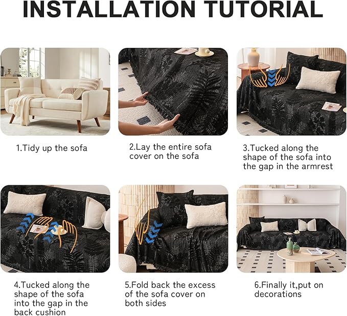HANDONTIME Washable Couch Covers for Sofa Boho Couch Covers for 3 Cushion Sofa Pet Friendly Black Chenille Jacquard Couch Protector for Dogs Plant Branch Sectional Cover Sofa Slipcovers, 71" X 150"