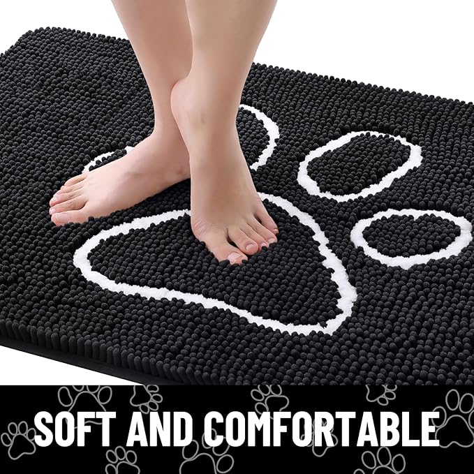 Smiry Dog Door Mat for Muddy Paws, Absorbent Dirt Trapper Non Slip Quick Dry Washable Chenille Mat for Mud Dogs, Entry Rug for Indoor and Outdoor (36x24 Inches, Black and White)