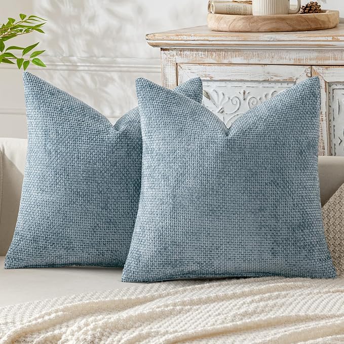 MIULEE Pack of 2 Euro Sham Pillow Covers 24x24 Inch Coastal Smoke Blue Modern Boho Accent Decorative Throw Pillow Covers Chenille Farmhouse Cushion Covers for Home Decor Couch Bed Sofa Living Room