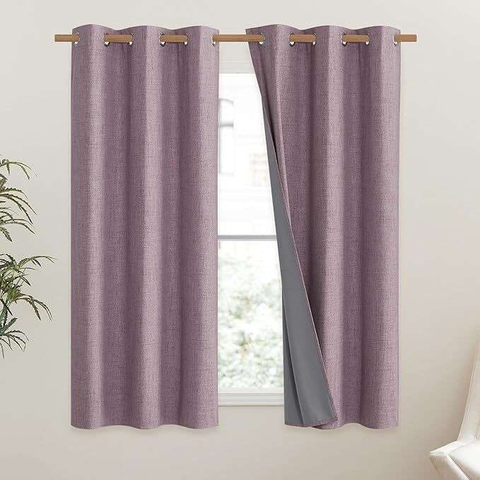 NICETOWN Chaise Mauve Vintage Linen 100% Blackout Curtains for Dining Room, Thermal Insulated Curtains 54" Long, Noise Reducing Window Treatment Drapes for Kitchen, 42" Wide Per Panel, Set of 2