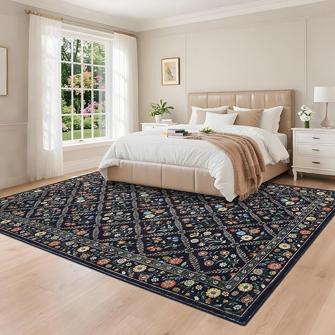 GarveeHome Grey Floral Rug 4x6 Rug Machine Washable Area Rug for Living Room Farmhouse Floral Low Pile for Dining Room, Bedroom Indoor Foldable Non-Slip Navy&Black RV