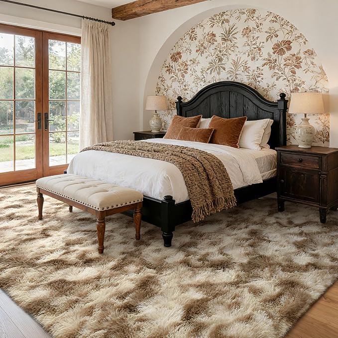 8x10 Ft Extra Large Shag Rugs for Living Room, Tie Dyed Ultra Soft Fluffy Furry Area Rugs for Bedroom Indoor Floor, Aesthetic Carpet for Kids Home Decor (Khaki)