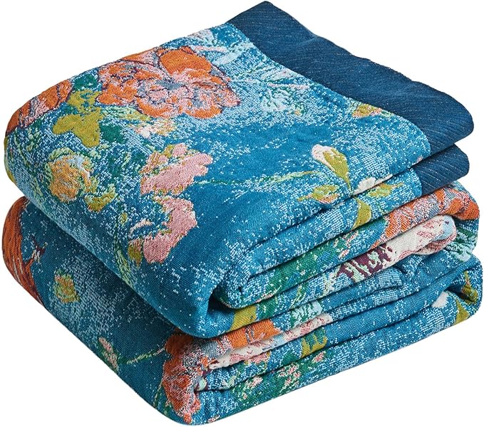 MSGKV Boho Throw Blanket for Bed 60"x80" Cotton Couch Blanket with Floral and Bird Spring Breathable Lightweight Farmhouse Twin Size Decorative Blankets for Sofa Muslin All Seasons
