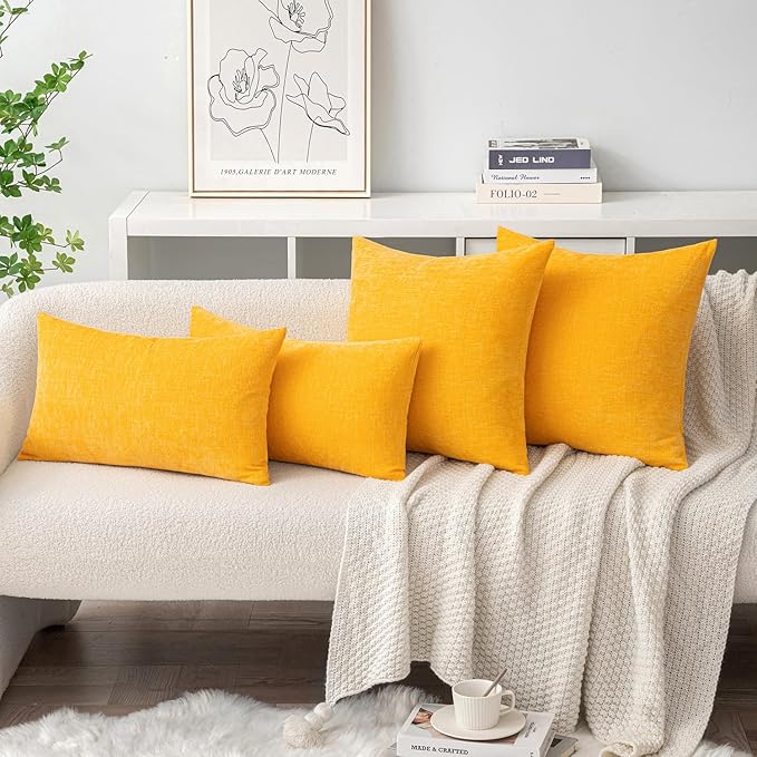 MIULEE Pack of 2 Couch Throw Pillow Covers 18x18 Inch Soft Goose Yellow Chenille Pillow Covers for Sofa Living Room Spring Home Decor Couch Solid Dyed Cases