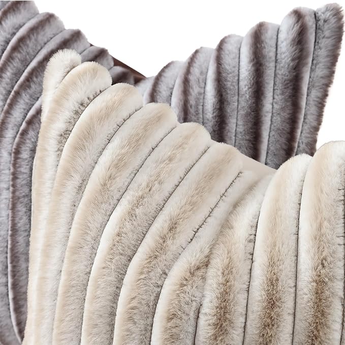 decorUhome Cozy Faux Fur Throw Pillow Covers 20x20 Set of 2 Decorative Soft Plush Striped Modern Farmhouse Boho Couch Pillow Cases with Velvet Back for Sofa Bed Living Room, Brown White