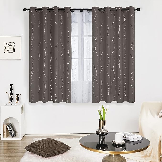 Deconovo Blackout Curtains, Thermal Insulated Soundproof Grommet Drapes, Wave Dots Silver Print, 52 x 63 Inch, Set of 2, Machine Washable Window Panel for Kitchen Bedroom Living Room Nursery, Taupe