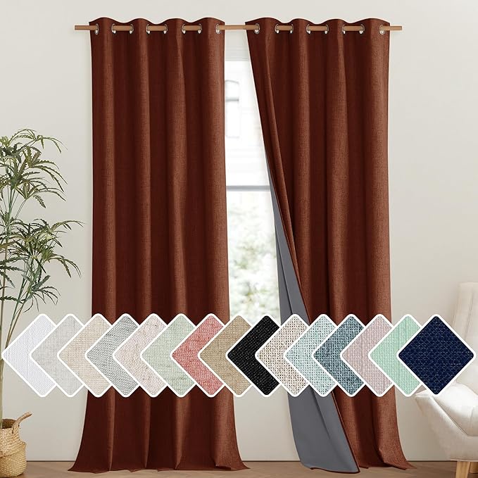 NICETOWN 100% Absolutely Blackout Linen Curtains with Thermal Insulated Liner, 52" Wide, 2 Panels, 120" Long Drapes, Grommet Retro Burnt Orange Linen Curtains Vertical Drapes Privacy for Bedroom