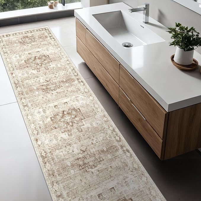 Hazo Haus Non Slip Hallway Runner Rug - 2 x 10 Runner Rug, Washable & Waterproof Kitchen Floor Mat - Extra Long Neutral Farmhouse Boho Design Décor (2x10 Beige/Latte)