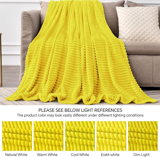 BEDELITE Fleece Blanket Twin Size – 3D Ribbed Jacquard Soft and Warm Decorative Fuzzy Blankets – Cozy, Fluffy, Plush Lightweight Throw Blankets for Couch, Bed, Sofa(Yellow, 60x80 inches)