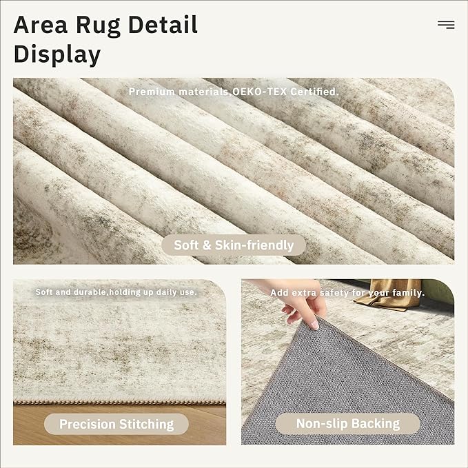 3x5 Rug, Small Area Rug for Kitchen, Entryway, Machine Washable Non-Slip Throw Rug, Vintage Carpet for Nursery Coffee Table Beige/Gray