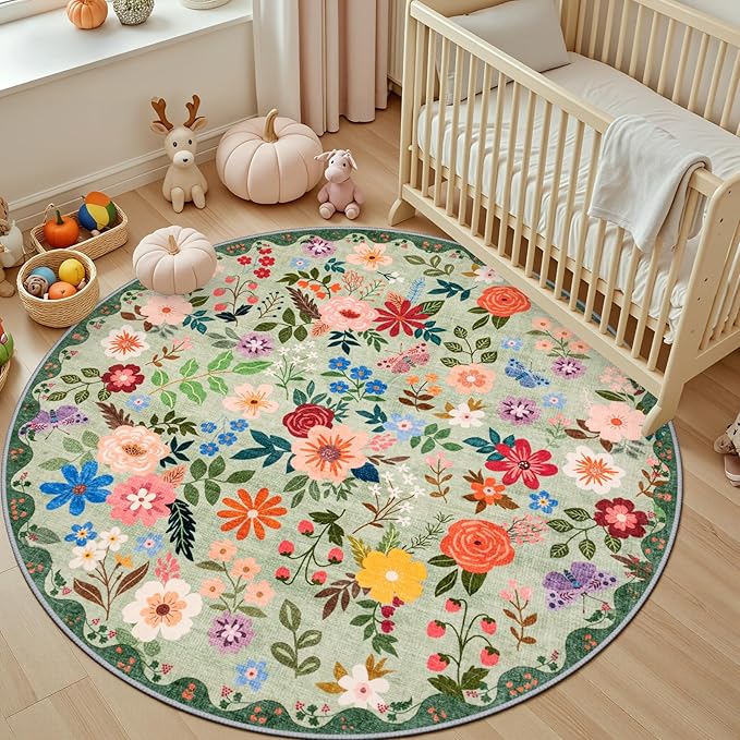 Round Area Rug for Living Room: 6 ft Floral Washable Circle Rug Soft Boho Non-Slip Carpet Indoor Stain Resistant Low Pile Small Circular Rug for Bedroom Entryway Kitchen Nursery Home Office Green