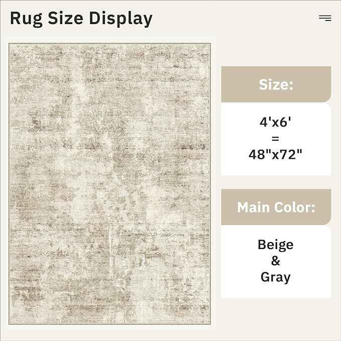 4x6 Area Rugs for Living Room, Vintage Washable Rugs for Dining Room, Bedroom, Home Office Decor, Non-Slip Beige/Gray Carpet Thin Rug