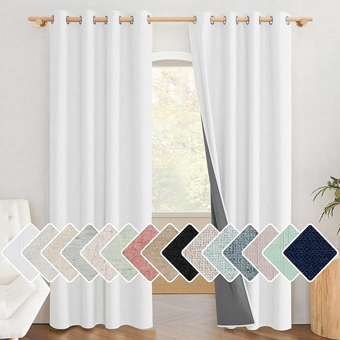 NICETOWN 100% Absolutely Blackout Linen Curtains with Thermal Insulated Liner, Greyish White, 52" Wide, 90" Length Energy Saving Curtains for Living Room 2 Panels Set, Vertical Blinds