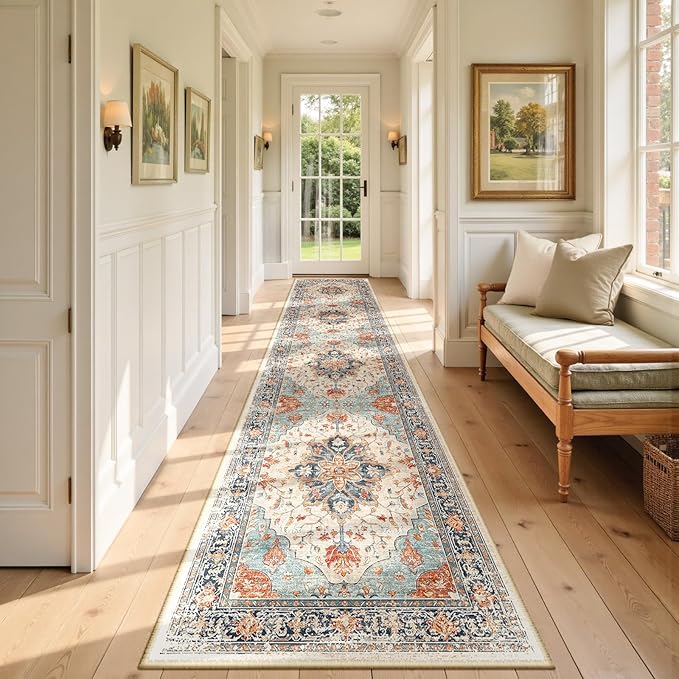 Area Rugs 2'6''x12' Runner Rug Non Slip Washable for Kitchen Hallway Bedroom Beside Laundry Room Bathroom Rug, Floor Carpet, Beige Navy Blue Orange Colorful