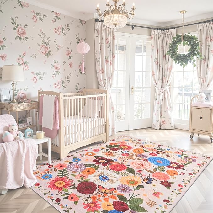 Pink Area Rug 4x6 Rug Washable Boho Rugs Non Slip Low Pile Floral Small Carpet for Bedroom, Bedside, Kids Room, Office, Dining Room(Light Pink, 4 x 6)