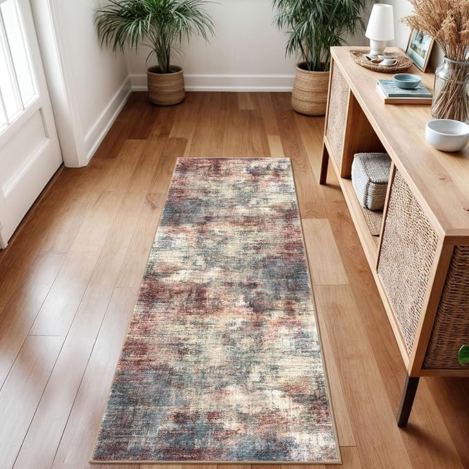 IOHOUZE Abstract Runner Rug 2x7 Ft Washable Runners for Hallways, Non Slip Kitchen Runner Printed Faux Wool Entryway Runners Indoor, Modern Abstract Floor Carpet for Hall Kitchen Bedroom, Red/Multi