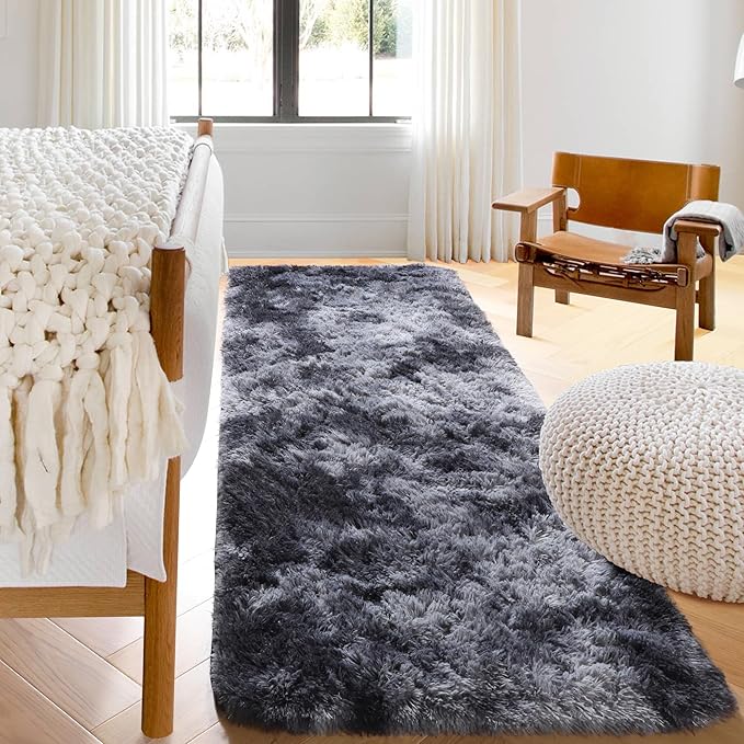 ONASAR Runner Rugs for Bedroom Living Room, Fluffy Tie-Dyed Dark Grey 2x6 Bedside Hallway Area Rug, Ultra Soft Plush Furry Faux Fur Non Slip Floor Carpet for Nursery Kids Dorm Closet Home Decor