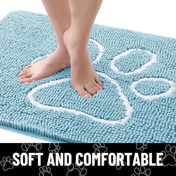 Smiry Dog Door Mat for Muddy Paws, Absorbent Dirt Trapper Non Slip Quick Dry Washable Chenille Mat for Mud Dogs, Entry Rug for Indoor and Outdoor (24x16 Inches, Sky Blue and White)